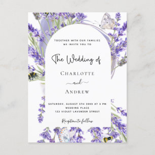 Lavender floral arch white script wedding invitati postcard
