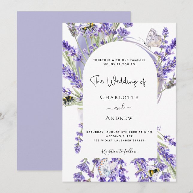 Lavender floral arch white script wedding invitation (Front/Back)