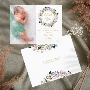 Lavender Floral Baby Photo Gold Thank You Birth Announcement Postcard