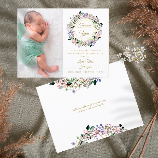 Lavender Floral Baby Photo Gold Thank You Birth Announcement Postcard (Creator Uploaded)