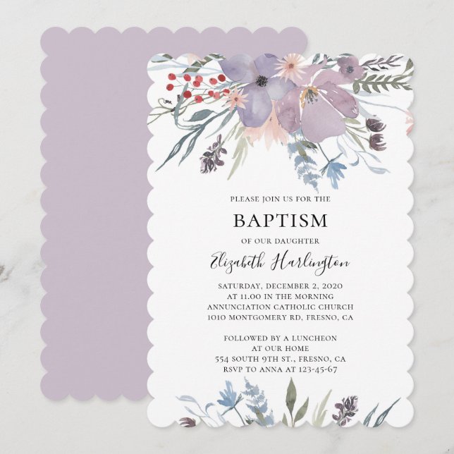 Lavender floral baptism. Purple flowers. Botanical Invitation (Front/Back)