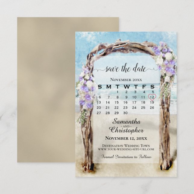 Lavender Floral Beach Arbor & Calendar Wedding Save The Date (Front/Back)