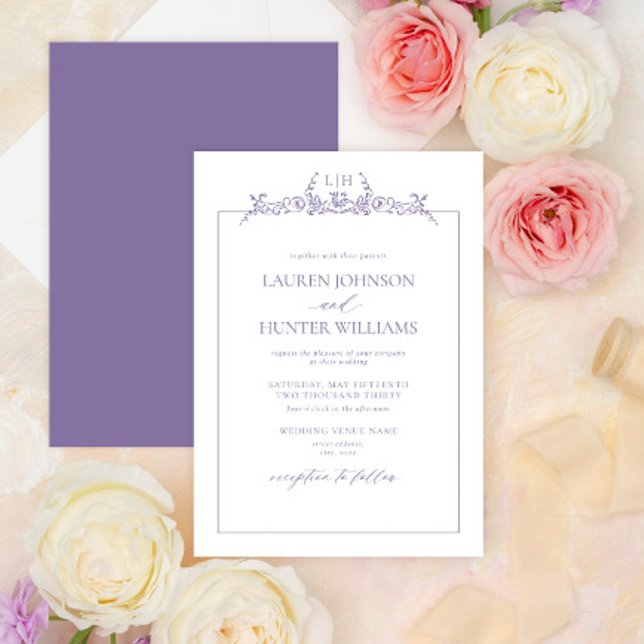 Lavender Floral Border Monogram Wedding Invitation (Creator Uploaded)