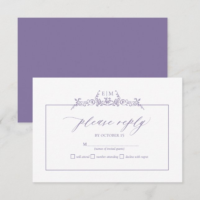 Lavender Floral Border Monogram Wedding RSVP Card (Front/Back)