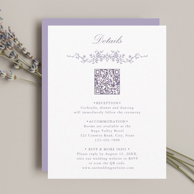 Lavender Floral Border QR Code Wedding Details Enclosure Card (Creator Uploaded)