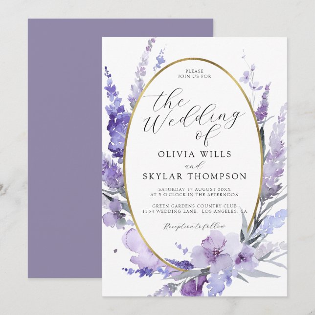 Lavender Floral Botanical Gold Frame Wedding  Invitation (Front/Back)