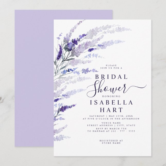 Lavender Floral Botanical Lilac Boho Bridal Shower Invitation (Front/Back)