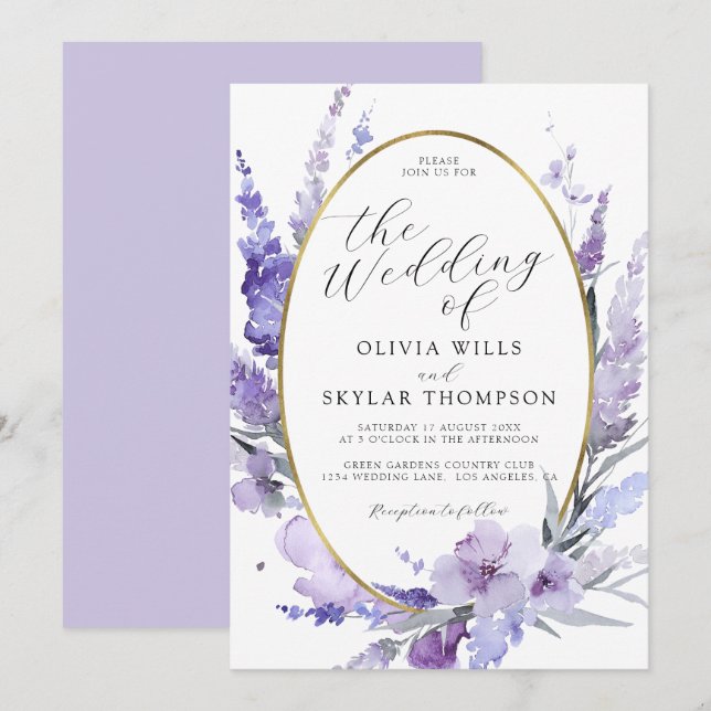 Lavender Floral Botanical Lilac Gold Wedding  Invitation (Front/Back)
