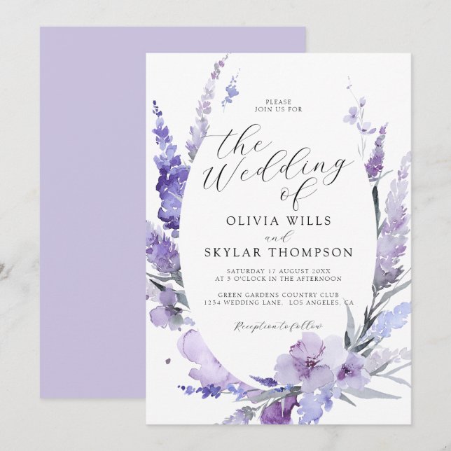 Lavender Floral Botanical Lilac Mauve Wedding  Invitation (Front/Back)