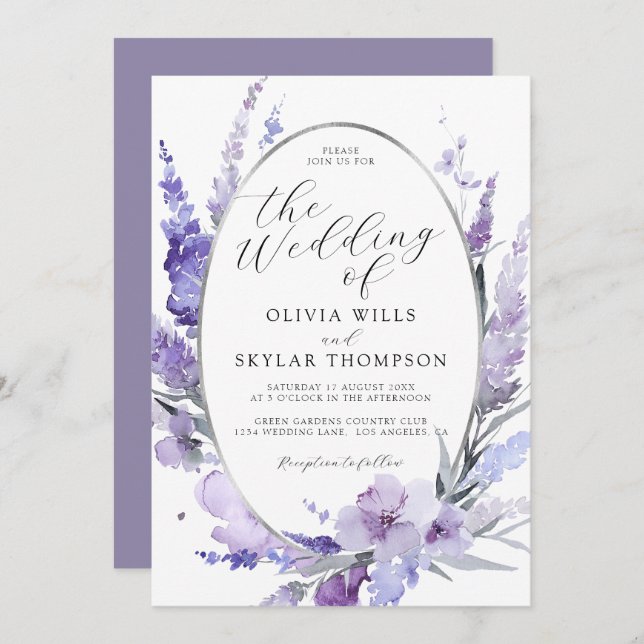 Lavender Floral Botanical Silver Frame Wedding  Invitation (Front/Back)