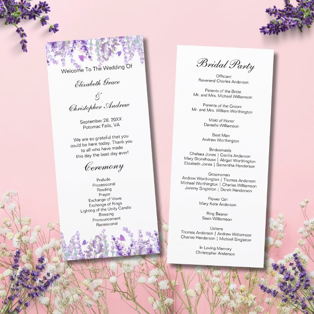 Lavender Floral Botanical Wedding Program Card (Lavender Botanical Floral Watercolor Wedding Program Card- Front and Back)
