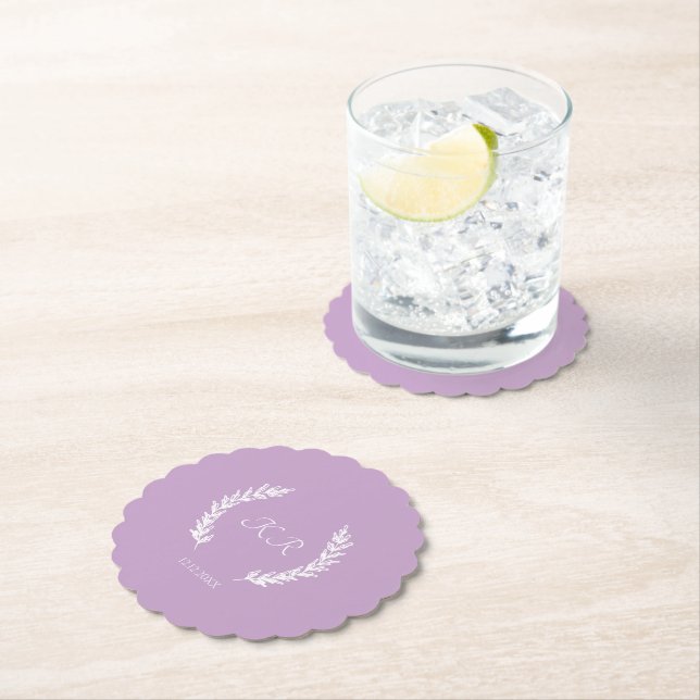 Lavender Floral Bride Groom Initials Wedding  Paper Coaster (Insitu)