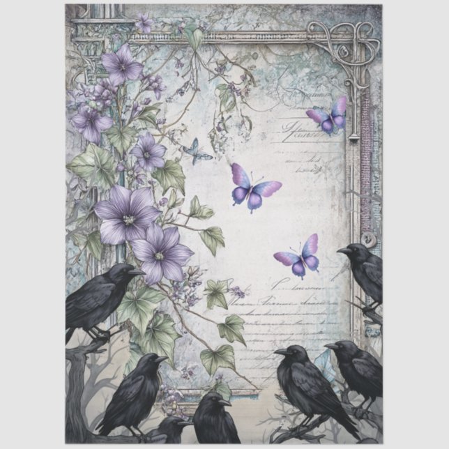 Lavender Floral Butterflies & Raven Decoupage Tissue Paper (Front)
