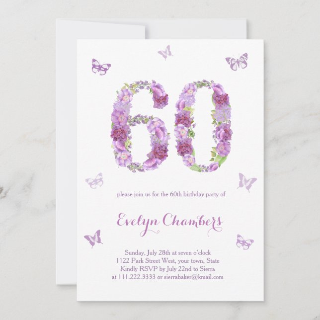 Lavender Floral Butterfly 60th Birthday Party Invitation (Front)
