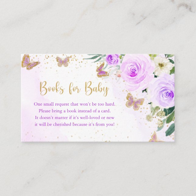 Lavender Floral Butterfly Baby Shower Book Request Enclosure Card (Front)