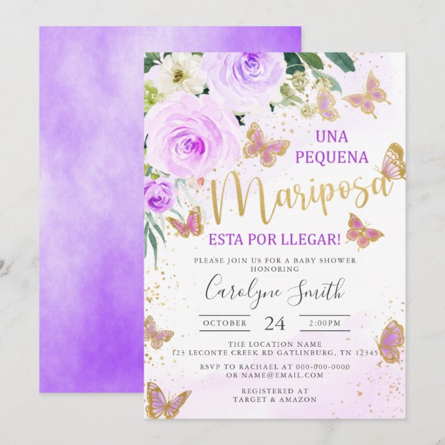 Lavender Floral Butterfly Baby Shower in Spanish Invitation (Front/Back)