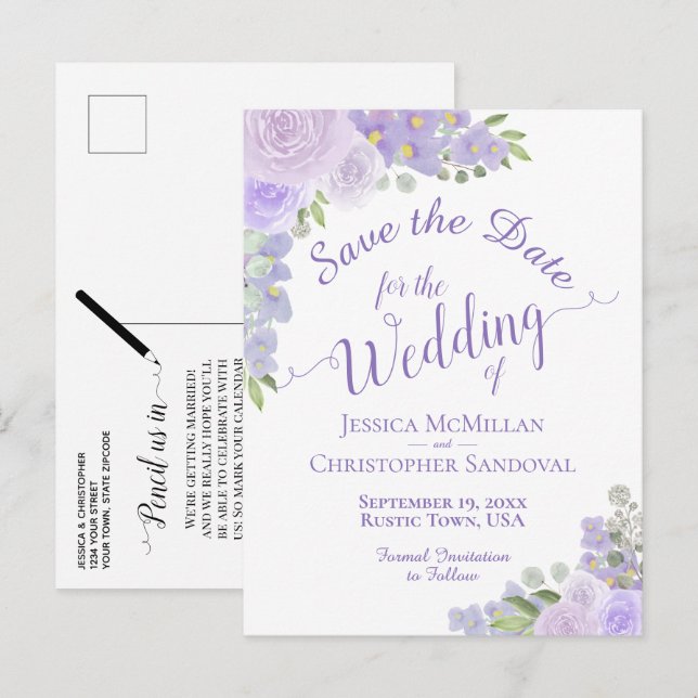 Lavender Floral Calligraphy Wedding Save the Date  Announcement Postcard (Front/Back)