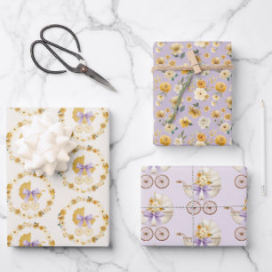 Lavender Floral Carriage Baby Shower Gift Wrap Set