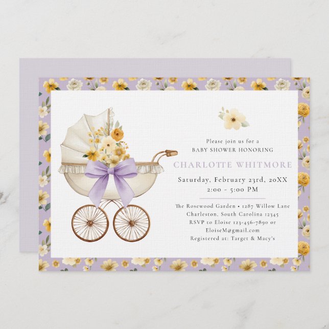 Lavender Floral Carriage Baby Shower Invite (Front/Back)