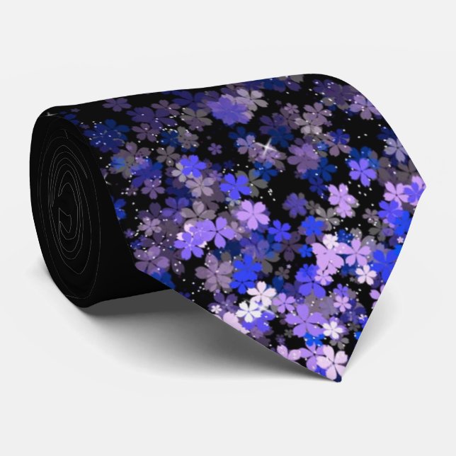 Lavender Floral Cluster Men's Black Tie (Rolled)