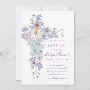 Lavender Floral Cross Baptism Invitation