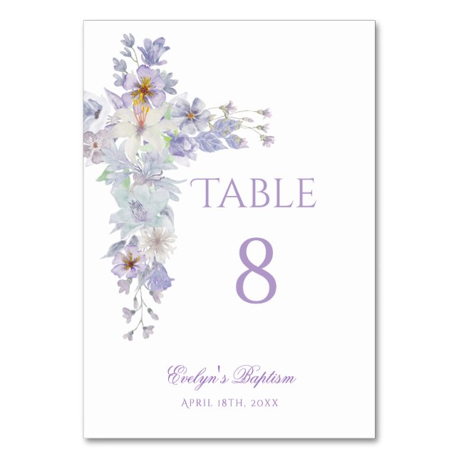 Lavender Floral Cross Baptism Table Number (Front)