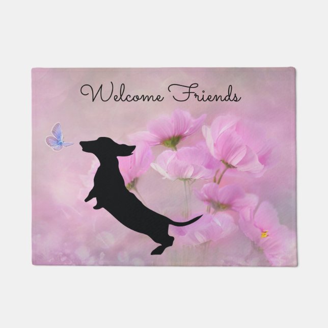 Lavender Floral Dachshund Welcome Door Mat (Front)