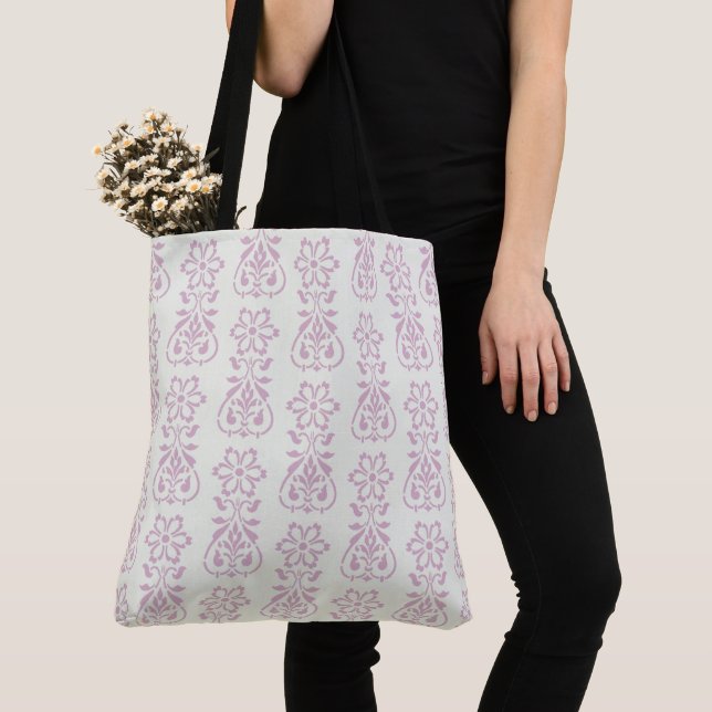 Lavender Floral Damask Pattern Tote Bag (Close Up)