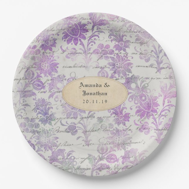 Lavender Floral Damask Wedding Paper Plate (Front)