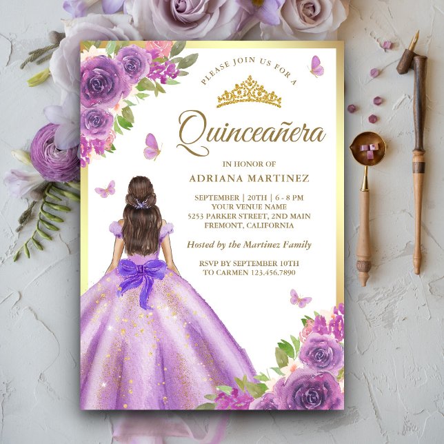 Lavender Floral Dress Butterfly Gold Quinceanera Invitation (Creator Uploaded)