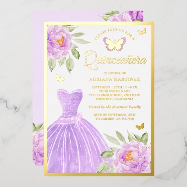 Lavender Floral Dress Butterfly Quinceanera Gold (Front/Back)