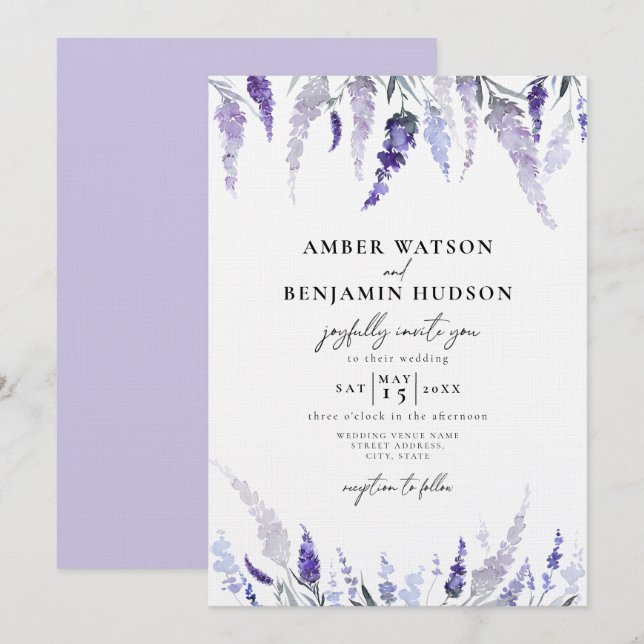 Lavender Floral Dusty Purple Mauve Lilac Wedding Invitation (Front/Back)