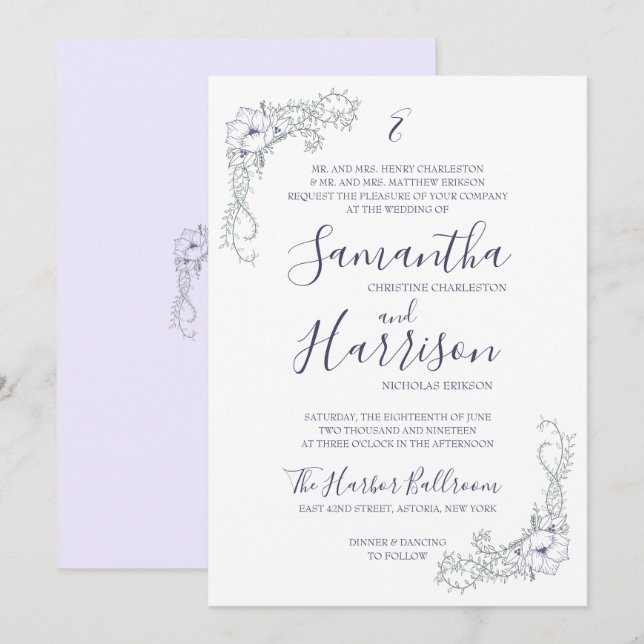 Lavender Floral Elegant and Minimal Wedding Invite (Front/Back)