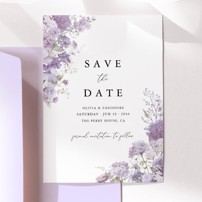 Lavender Floral Elegant Wedding Save the Dat Date (Lavender floral save the date card with watercolor hydrangea, elegant lilac wedding stationery)