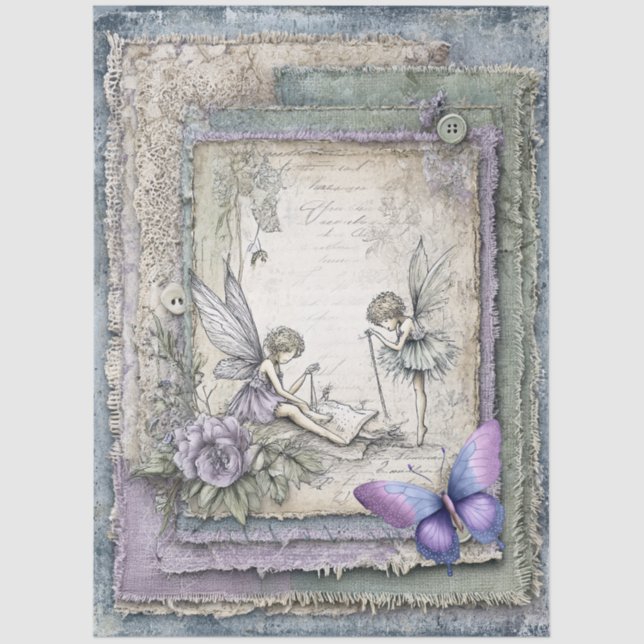 Lavender Floral Fairies & Butterfly Decoupage Tissue Paper (Front)