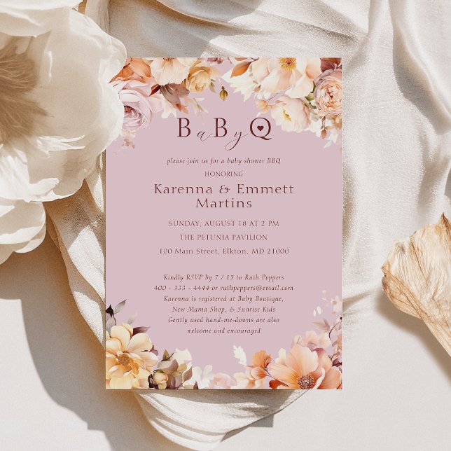 Lavender Floral Fall Baby-Q BBQ Baby Shower Invitation (Creator Uploaded)