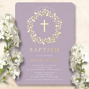 Lavender Floral First Baptism Foil Invitation