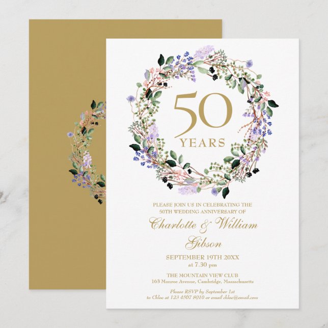 Lavender Floral Garland 50th Wedding Anniversary Invitation (Front/Back)