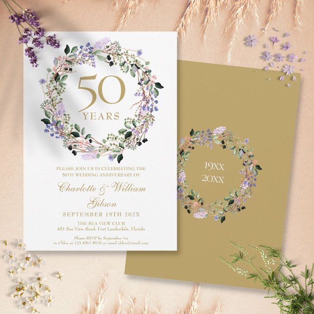 Lavender Floral Garland 50th Wedding Anniversary Invitation (Lavender Floral Garland 50th Wedding Anniversary Invitation)