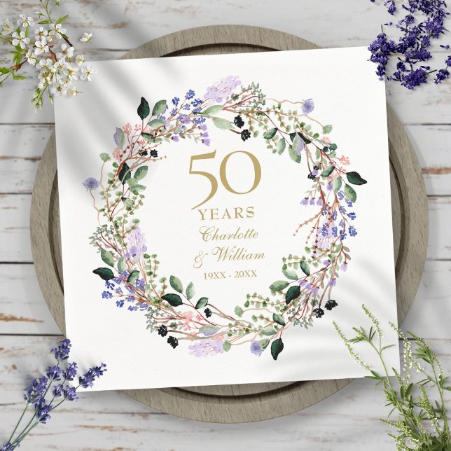 Lavender Floral Garland 50th Wedding Anniversary Napkin (Lavender Floral Garland 50th Wedding Anniversary Napkins)