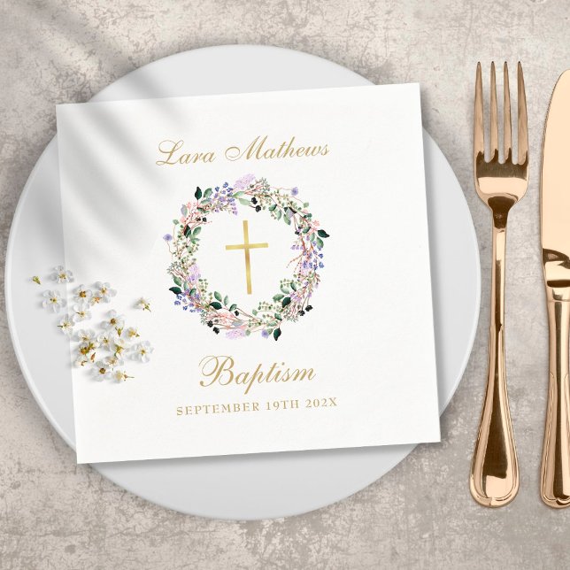 Lavender Floral Garland Gold Baptism Christening Napkin (Creator Uploaded)