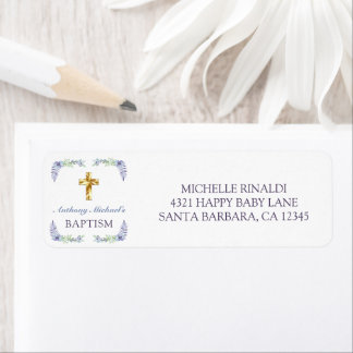 Lavender Floral Gold Cross Baby Baptism Address