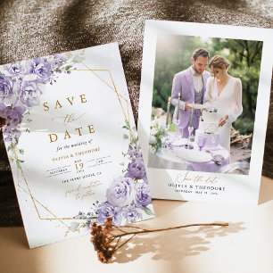 Lavender Floral Gold Geometric Photo Wedding Save The Date