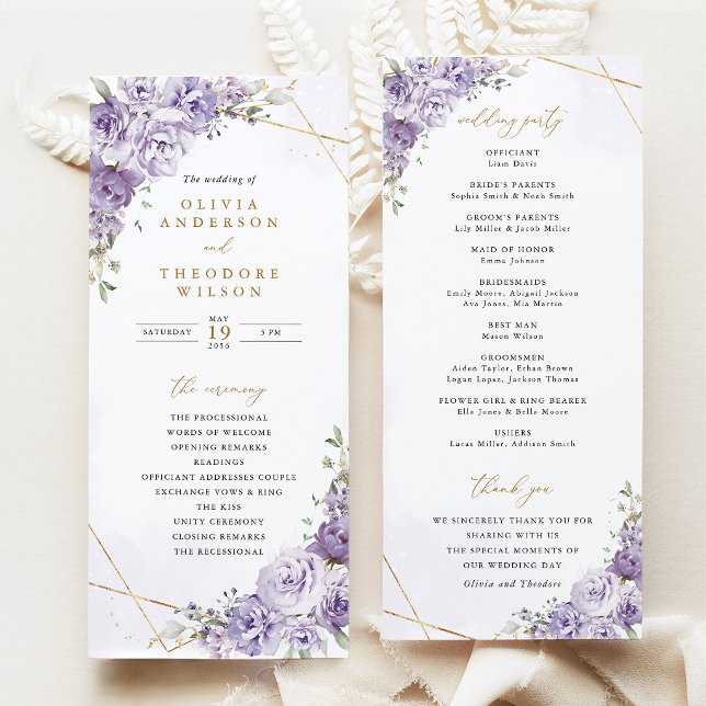 Lavender Floral Gold Geometric Wedding Ceremony Programme (Lavender Floral Gold Geometric Wedding Program, Elegant Purple Rose Wedding Ceremony Program)