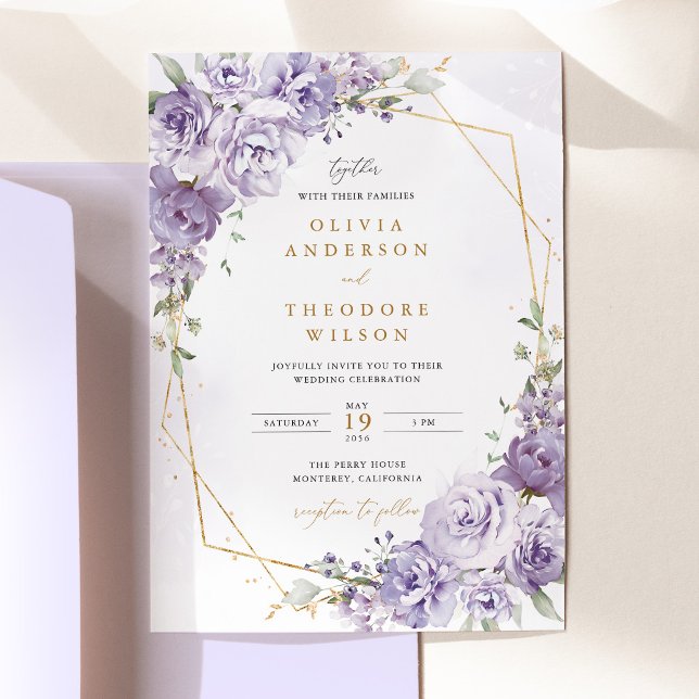 Lavender Floral Gold Geometric Wedding Invitation (Lavender Floral Gold Geometric Wedding Invitation, elegant purple rose wedding invite stationery)