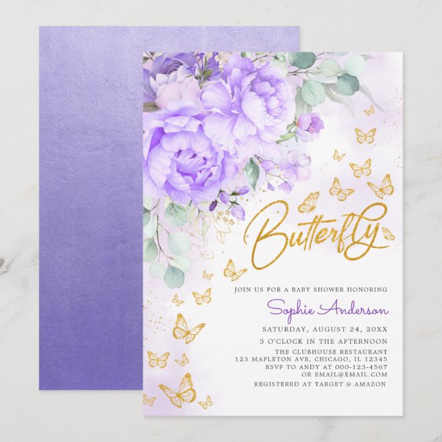 Lavender floral Gold Glitter Butterfly Baby Shower Invitation (Front/Back)