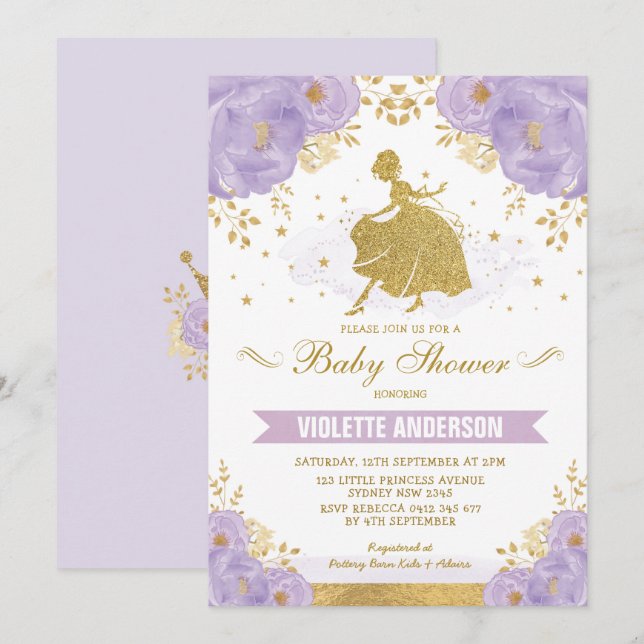 Lavender Floral Gold Royal Princess Baby Shower Invitation (Front/Back)