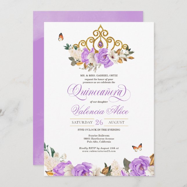 Lavender Floral Gold Tiara Butterfly Quinceanera Invitation (Front/Back)