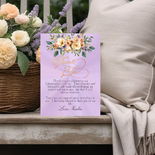 Lavender - Floral & Gold Tiara Quinceanera Thank You Card