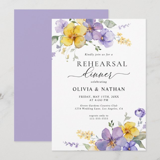 Lavender Floral Gold Yellow Boho Rehearsal Dinner Invitation (Front/Back)